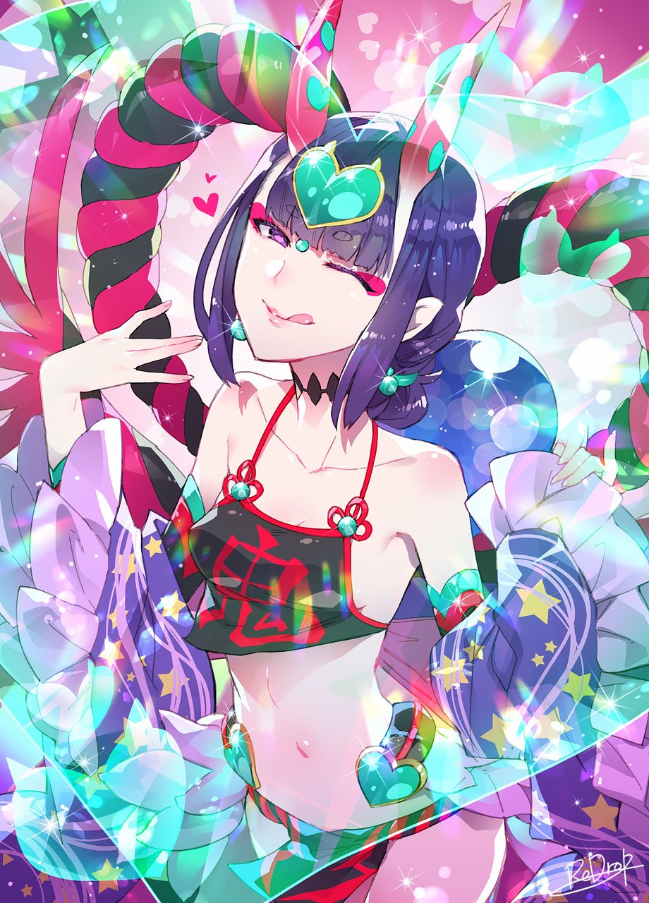 1girl bangs bare_shoulders blush breasts closed_mouth collarbone detached_sleeves dudou earrings eyebrows_visible_through_hair eyeliner fate/grand_order fate_(series) forehead_jewel fundoshi gourd headpiece heart highres hips horns japanese_clothes jewelry licking_lips looking_at_viewer low_twintails makeup navel one_eye_closed oni oni_horns pelvic_curtain pointy_ears purple_hair redrop rope sash short_eyebrows short_hair short_twintails shuten_douji_(fate/grand_order) shuten_douji_(halloween)_(fate) small_breasts smile solo sparkle star star_print tongue tongue_out twintails violet_eyes waist