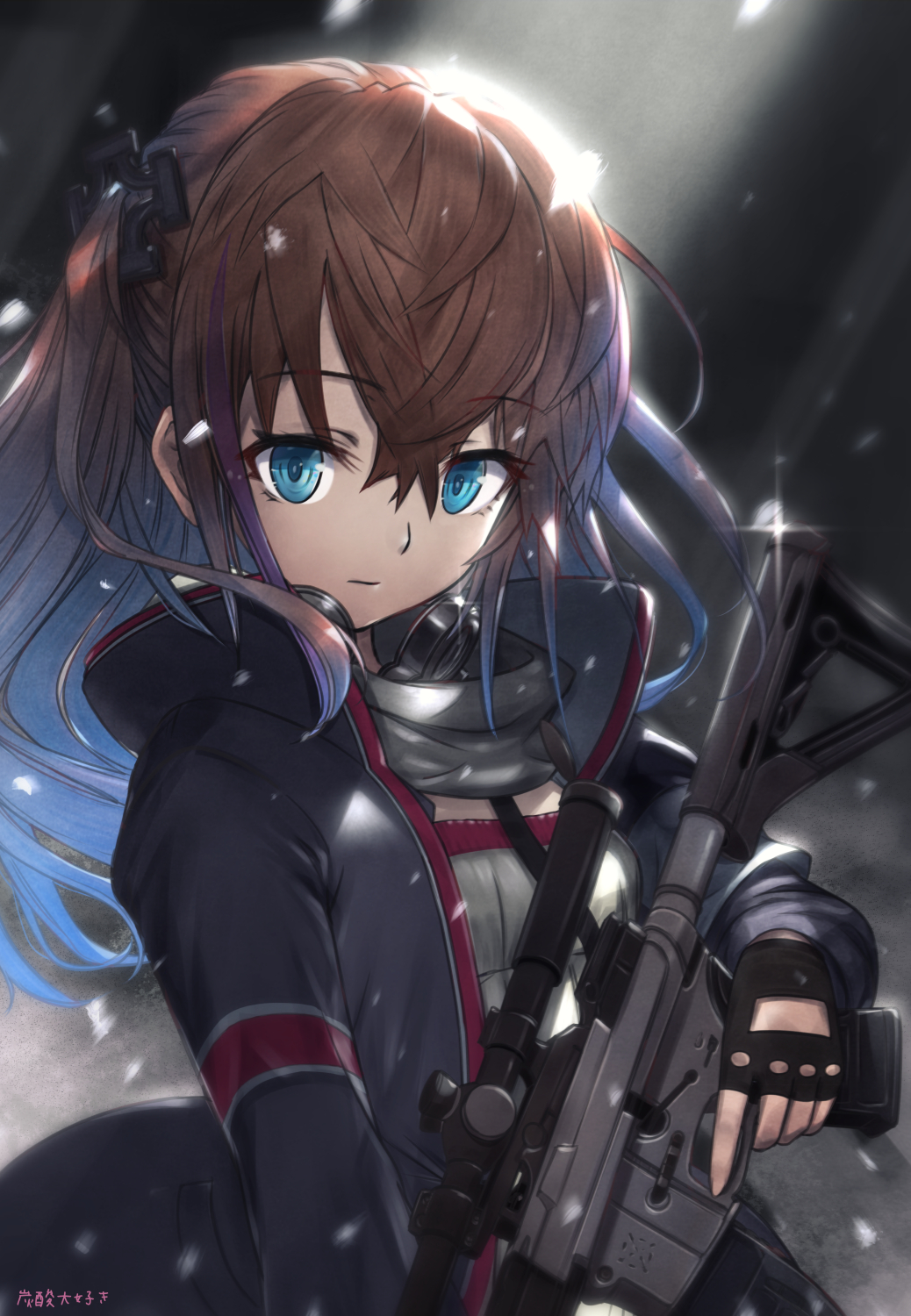 1girl alternate_hair_color artist_name black_gloves blue_eyes brown_hair closed_mouth expressionless eyebrows_visible_through_hair fingerless_gloves girls_frontline gloves gun highres holding holding_gun holding_weapon long_hair looking_at_viewer signature snowing st_ar-15_(girls_frontline) tansan_daisuki weapon