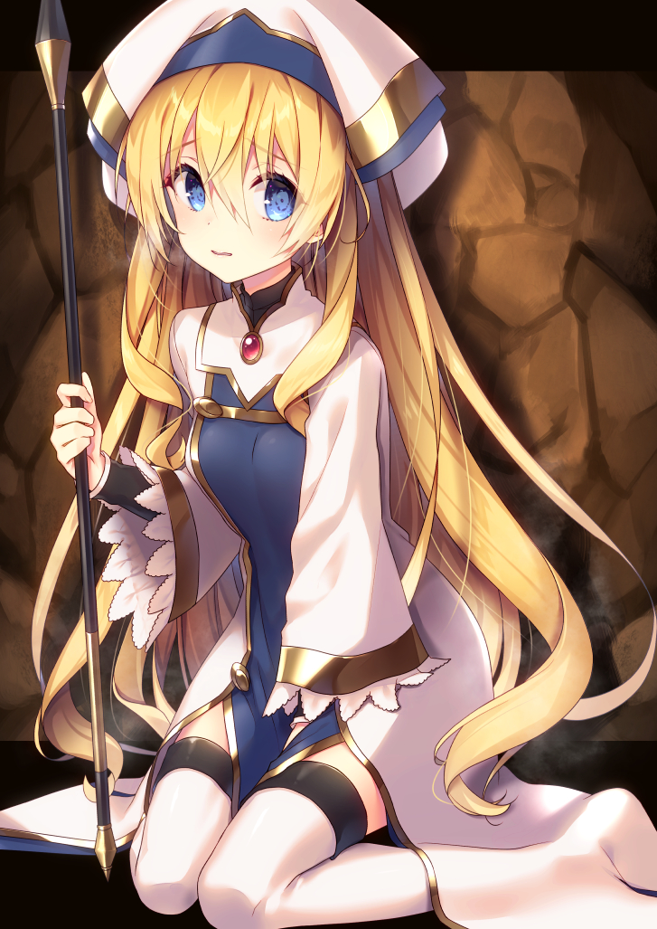 1girl bangs between_legs blonde_hair blue_eyes blush breasts cave cleric commentary_request dress eyebrows_visible_through_hair goblin_slayer! hair_between_eyes hand_between_legs hand_up hat holding holding_staff long_hair long_sleeves looking_at_viewer parted_lips priestess_(goblin_slayer!) sitting small_breasts solo staff tahya thigh-highs very_long_hair wariza weapon white_dress white_hat white_legwear wide_hips wide_sleeves