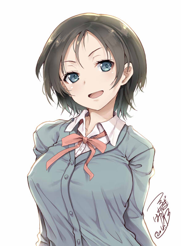 1girl :d artist_name black_hair blue_eyes breasts cardigan dated large_breasts looking_at_viewer open_mouth original school_uniform short_hair signature simple_background smile solo tsurugi_hagane upper_body white_background