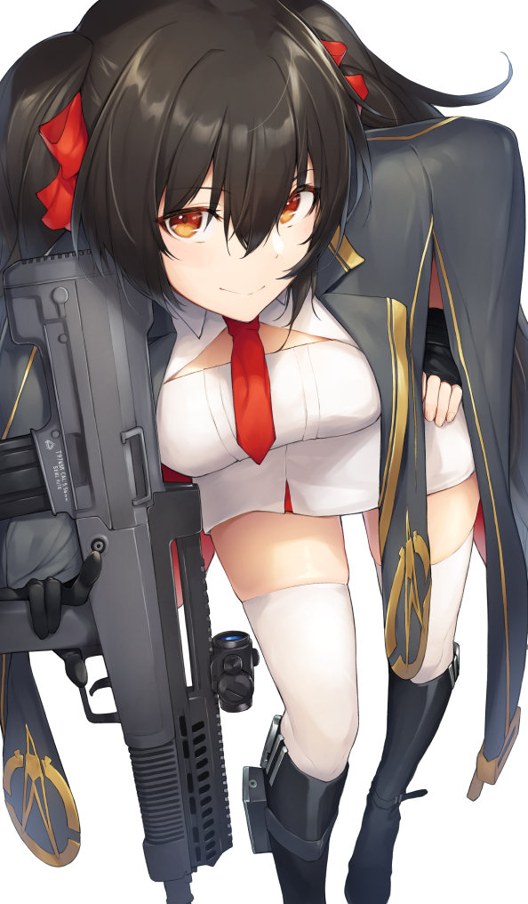 1girl bangs black_footwear black_gloves black_hair blush boots breasts brown_eyes brown_hair cape cleavage_cutout closed_mouth corset dabuki double-breasted eyebrows_visible_through_hair fingerless_gloves girls_frontline gloves gun hair_between_eyes hair_ribbon holding holding_gun holding_weapon knee_boots knee_strap leaning_forward long_hair looking_at_viewer medium_breasts necktie pleated_skirt pointing pointing_at_viewer qbz-97 qbz-97_(girls_frontline) red_eyes ribbon shirt simple_background skindentation skirt sleeveless sleeveless_shirt smile solo thigh-highs twintails underbust very_long_hair weapon white_legwear white_shirt