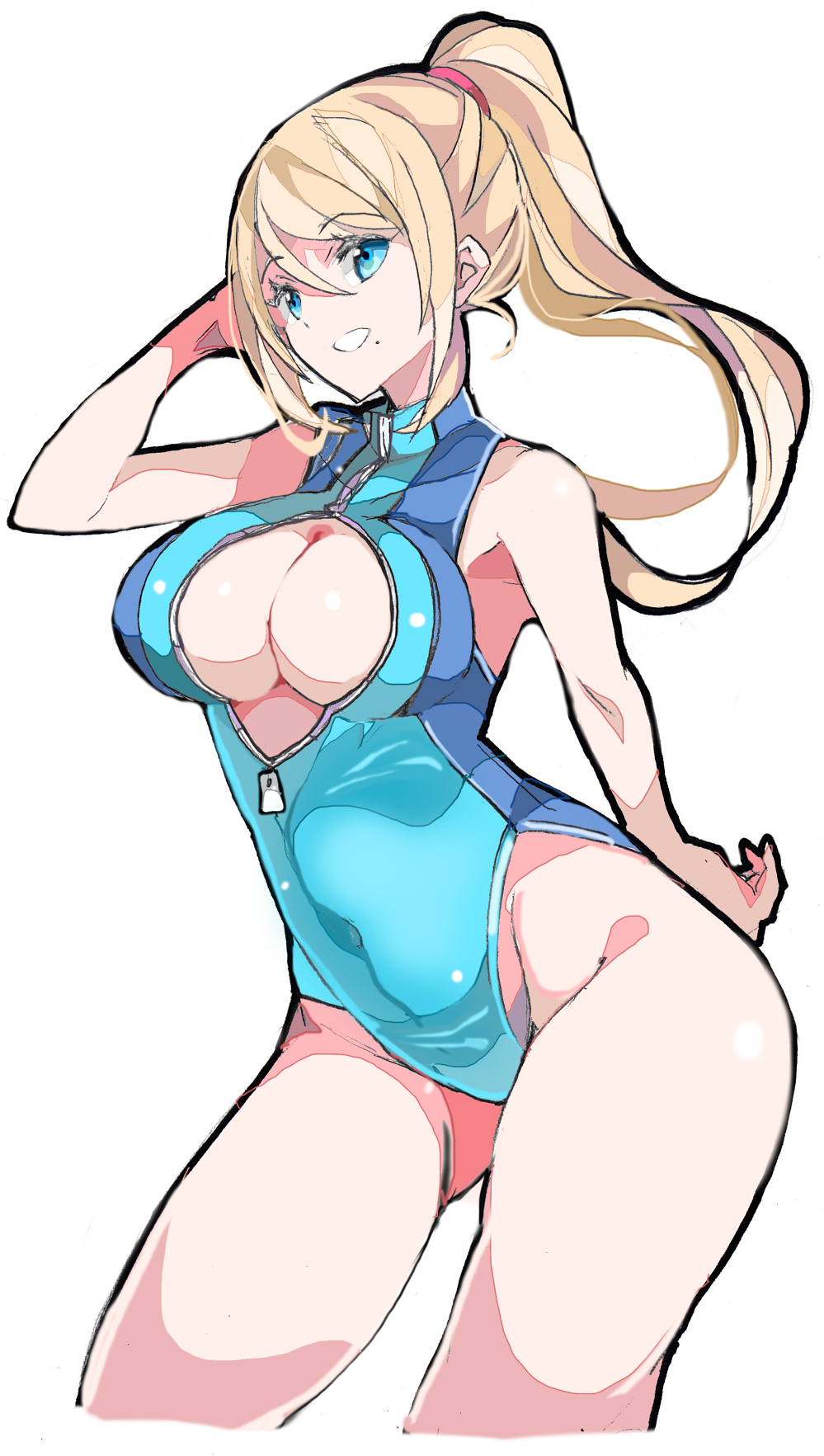 1girl blonde_hair blue_eyes blush breasts cleavage cleavage_cutout enpe high_ponytail highres kid_icarus large_breasts long_hair looking_at_viewer metroid navel nintendo open_mouth ponytail samus_aran simple_background skin_tight smile solo swimsuit