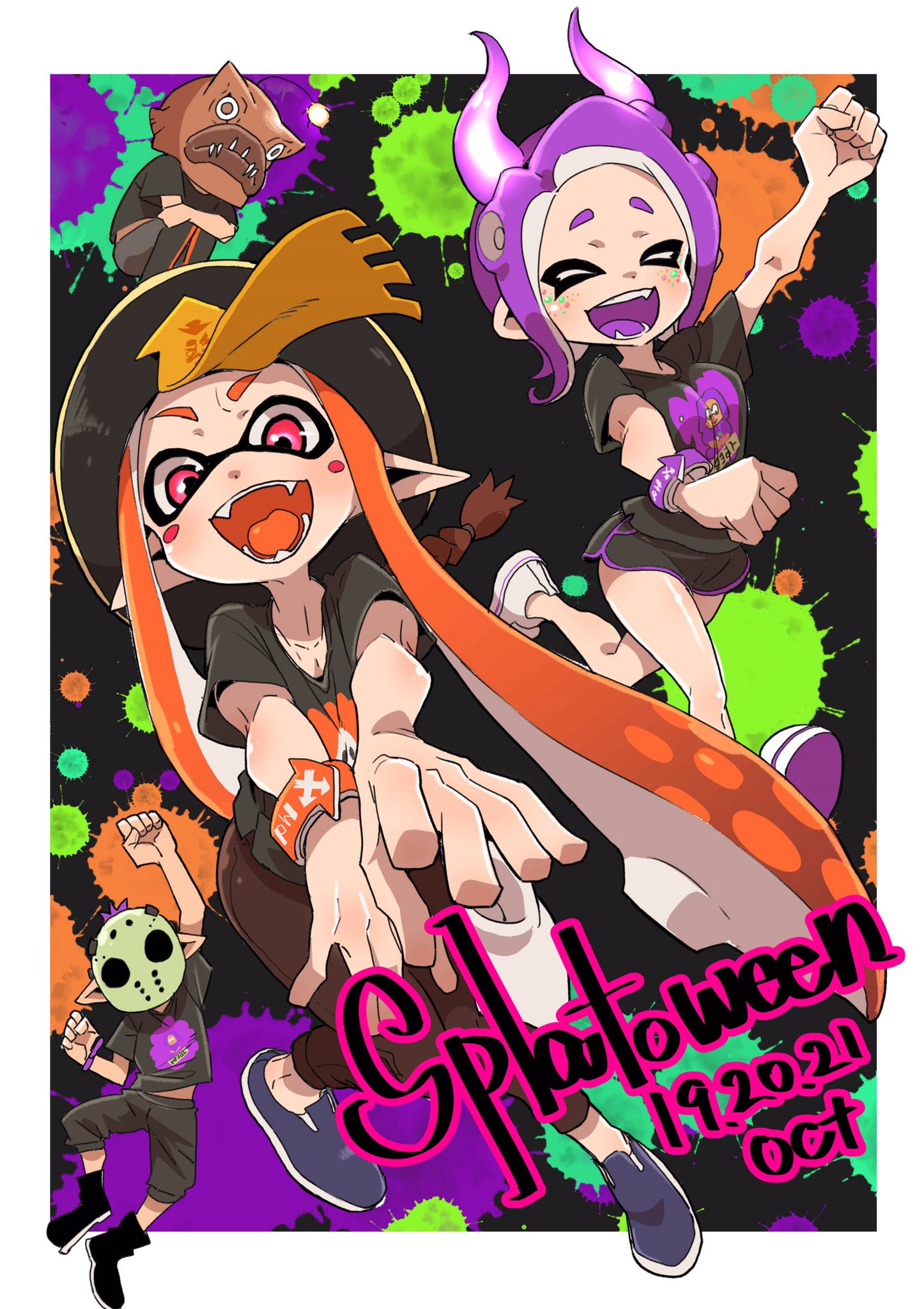 2boys 2girls domino_mask fake_horns fangs halloween halloween_costume hat highres hirakata_masahiro hockey_mask horns inkling jiangshi_costume mask multiple_boys multiple_girls nintendo octoling orange_hair pointy_ears purple_hair splatoon splatoon_2 tentacle_hair