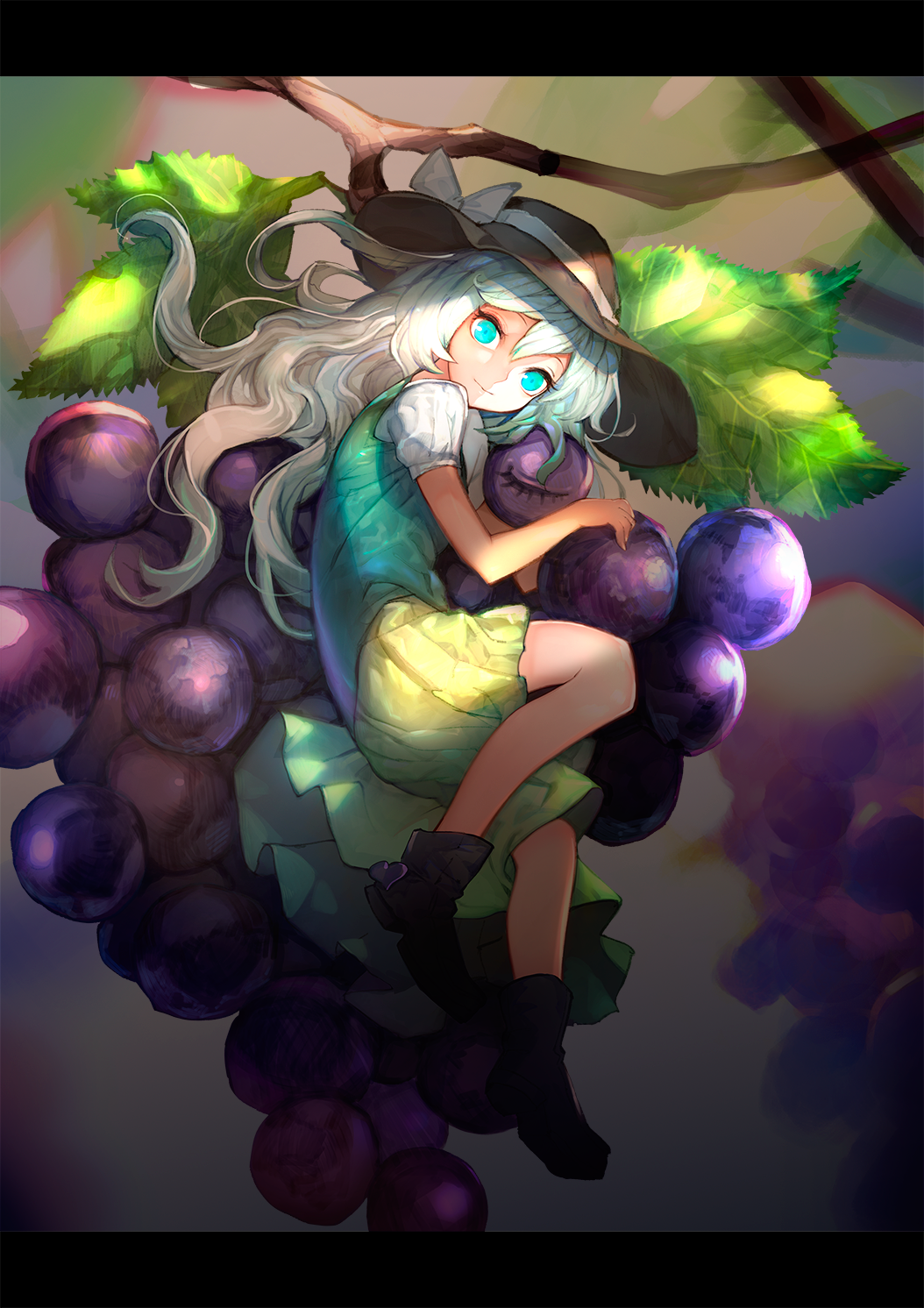 1girl aqua_eyes black_footwear boots bow brown_hat closed_mouth food fruit full_body grapes green_skirt green_vest hair_between_eyes hat hat_bow heart highres komeiji_koishi leaf light_smile long_hair looking_at_viewer lying minigirl miniskirt on_side onion_(onion_and_pi-natto) shirt short_sleeves silver_hair skirt skirt_set solo third_eye touhou twig vest wavy_hair white_bow white_shirt