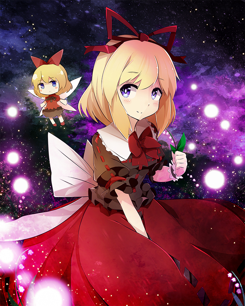 2girls :o blonde_hair blue_eyes blush breasts bubble_skirt doll eyebrows_visible_through_hair flower frilled_shirt_collar frilled_wrist_cuffs frills fujiko_(emnprmn) huge_bow light_particles lily_of_the_valley medicine_melancholy medium_breasts multiple_girls night night_sky phantasmagoria_of_flower_view poison red_ribbon ribbon short_hair size_difference skirt sky smile su-san touhou white_ribbon wrist_cuffs