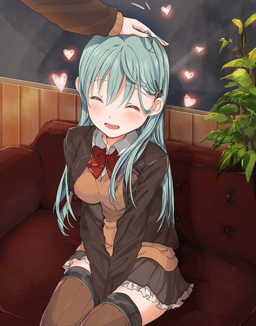 1girl aqua_hair ascot blazer blush bow bowtie breasts brown_legwear brown_skirt cardigan closed_eyes eyebrows_visible_through_hair hair_between_eyes hair_ornament hairclip heart jacket kantai_collection long_hair open_cardigan open_clothes open_mouth pleated_skirt red_neckwear remodel_(kantai_collection) school_uniform sitting skirt smile suzuya_(kantai_collection) thigh-highs ume_(plumblossom)