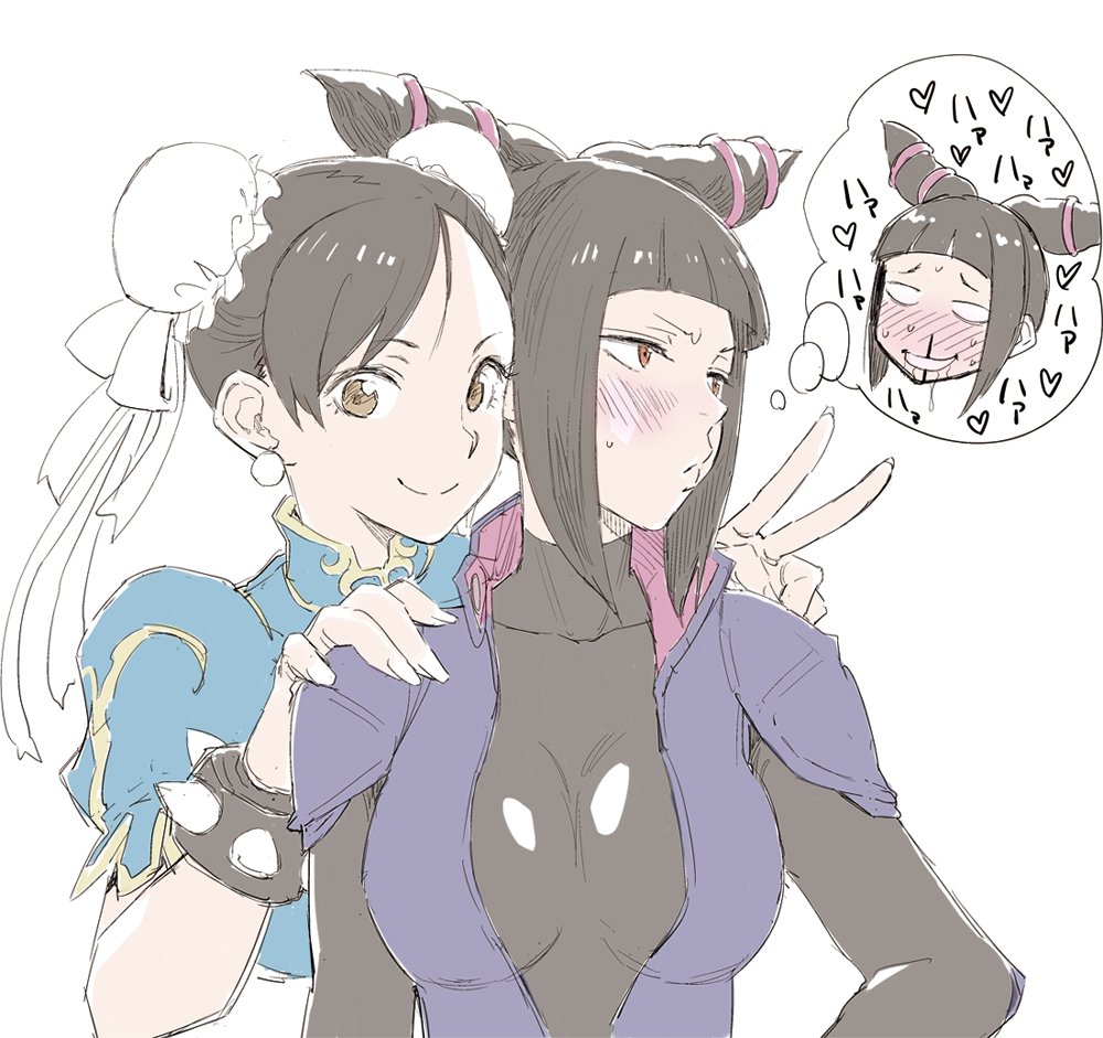 2girls bangs black_hair blood blush bracelet breasts brown_eyes brown_hair capcom chun-li coelacanth_(gyotaku) earrings hair_ornament han_juri hand_on_another's_shoulder heart jewelry multiple_girls nosebleed smile spiked_bracelet spikes street_fighter street_fighter_v swept_bangs thought_bubble v yuri