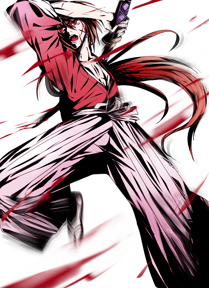 1boy agatsu_yudume blood blood_splatter floating_hair grey_hakama hair_between_eyes hakama himura_kenshin holding holding_sword holding_weapon japanese_clothes katana kimono long_hair male_focus ponytail red_eyes red_kimono redhead rurouni_kenshin solo sword very_long_hair weapon white_background