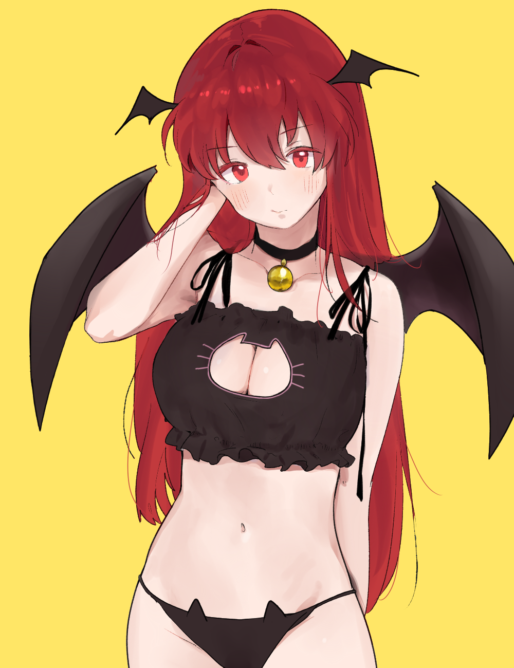 1girl arm_at_side bangs bare_arms bare_shoulders bat_wings bell bell_choker black_bra black_choker black_panties black_wings blush bra breasts cat_lingerie choker cleavage cleavage_cutout closed_eyes collarbone colored_eyelashes cowboy_shot eyebrows_visible_through_hair hand_up head_tilt head_wings highres honi koakuma large_breasts long_hair looking_at_viewer meme_attire navel panties red_eyes redhead shiny shiny_hair simple_background solo touhou underwear underwear_only very_long_hair wings yellow_background