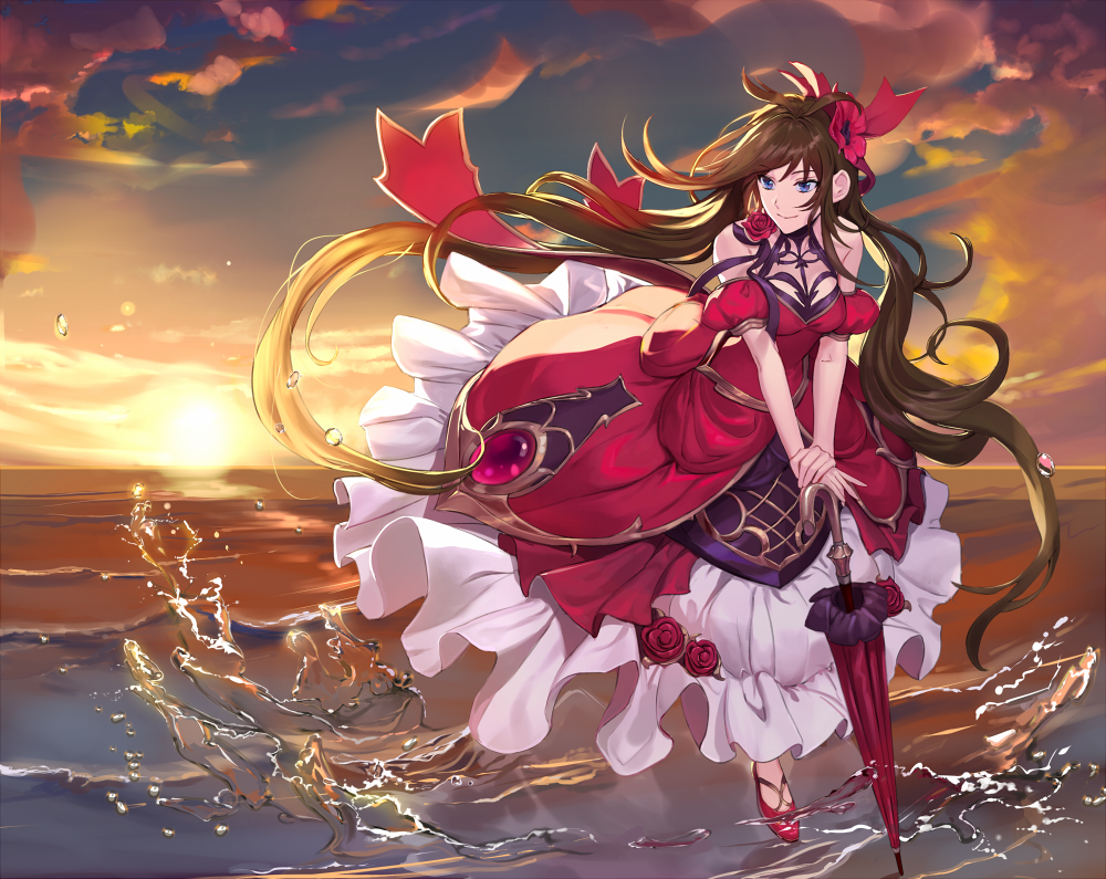 1girl blue_eyes breasts brown_hair cleavage closed_umbrella clouds ddaomphyo detached_sleeves dress floating_hair flower hair_flower hair_ornament hands_on_hilt long_dress long_hair looking_to_the_side medium_breasts ocean original outdoors pumps red_dress red_flower red_footwear red_rose red_umbrella rose sky sleeveless sleeveless_dress solo standing sunset twilight twintails umbrella very_long_hair