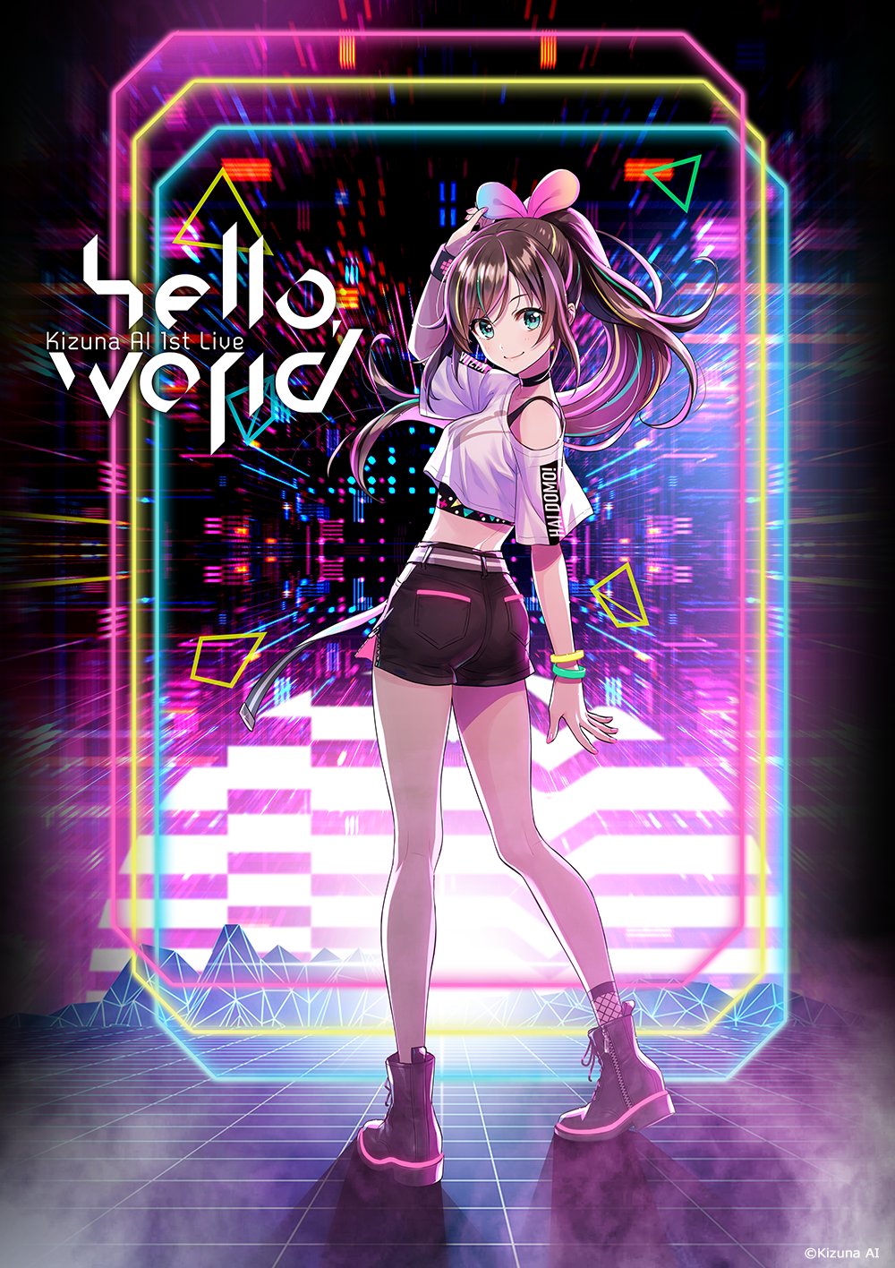 1girl a.i._channel alternate_costume aqua_eyes ass bare_shoulders black_shorts blush boots bow brown_hair casual character_name choker crop_top from_behind full_body highres kizuna_ai looking_back multicolored_hair off_shoulder pink_bow pink_hair ponytail shirt short_sleeves shorts solo streaked_hair two-tone_hair virtual_youtuber white_shirt wristband