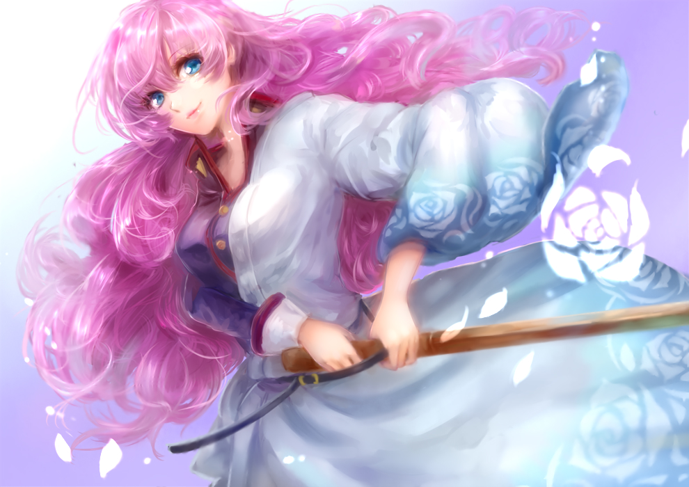 1girl aiguillette blue_eyes breasts closed_mouth commentary_request flower gold_trim hair_spread_out high_collar holding holding_sword holding_weapon large_breasts lips long_hair long_sleeves looking_at_viewer nose pink_hair realistic rose sheath shoujo_kakumei_utena solo sword tenjou_utena unsheathing very_long_hair weapon
