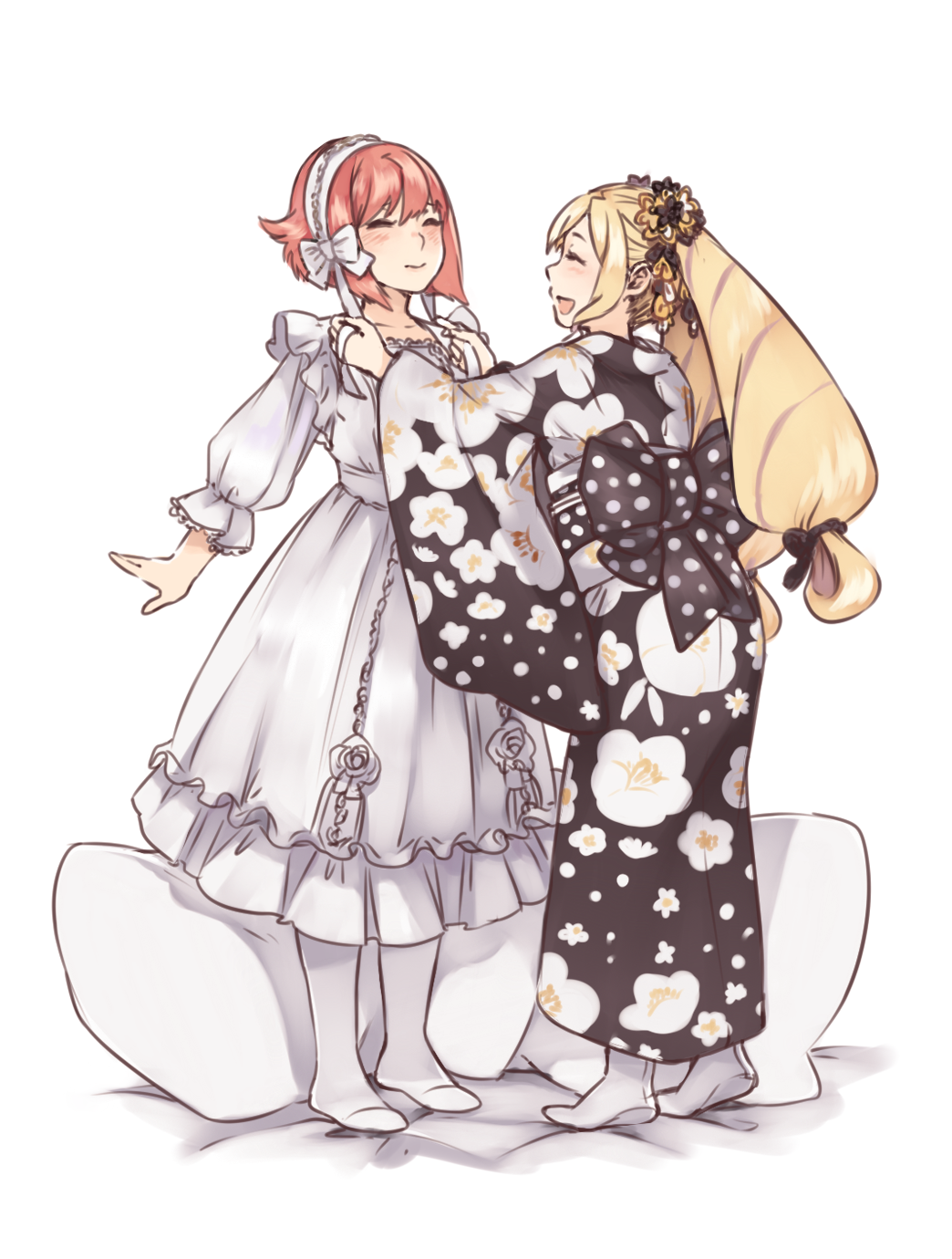 2girls :d ai-wa back_bow bangs bed_sheet black_bow black_kimono blonde_hair blush bow closed_eyes closed_mouth collarbone dress elise_(fire_emblem_if) facing_another fire_emblem fire_emblem_if floral_print hair_between_eyes hair_bow hair_ornament hairband highres japanese_clothes kimono long_hair long_sleeves multicolored_hair multiple_girls nintendo open_mouth pantyhose polka_dot polka_dot_bow print_kimono profile puffy_long_sleeves puffy_sleeves purple_hair redhead sakura_(fire_emblem_if) short_hair simple_background smile standing streaked_hair twintails very_long_hair white_background white_bow white_dress white_hairband white_legwear wide_sleeves