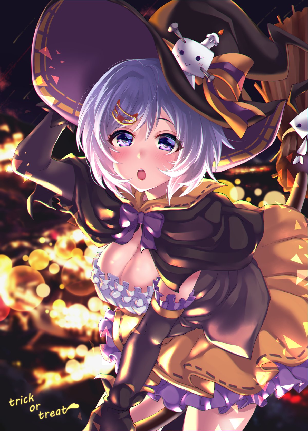 bat_hair_ornament black_gloves bow breasts broom broom_riding capelet cleavage commentary_request dennou_shoujo_youtuber_shiro elbow_gloves frilled_gloves frills gloves hair_ornament hairclip halloween hand_on_headwear hat hat_ribbon highres large_breasts lavender_hair lens_flare purple_bow purple_frills ribbon shiro_(dennou_shoujo_youtuber_shiro) tdnd-96 trick_or_treat violet_eyes virtual_youtuber witch witch_hat