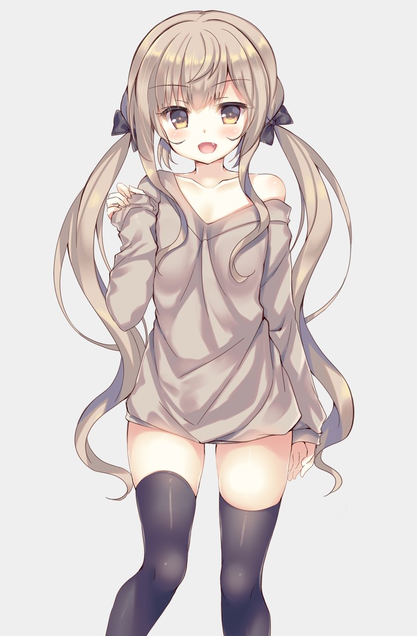 1girl bangs bare_shoulders black_bow black_legwear blue_background blush bow collarbone commentary_request eyebrows_visible_through_hair fang flat_chest grey_hair grey_sweater hair_bow highres long_sleeves looking_at_viewer low_twintails naked_sweater off_shoulder open_mouth original shirt sidelocks simple_background sleeves_past_wrists smile solo standing suzune_rena sweater thigh-highs tied_hair twintails yellow_eyes
