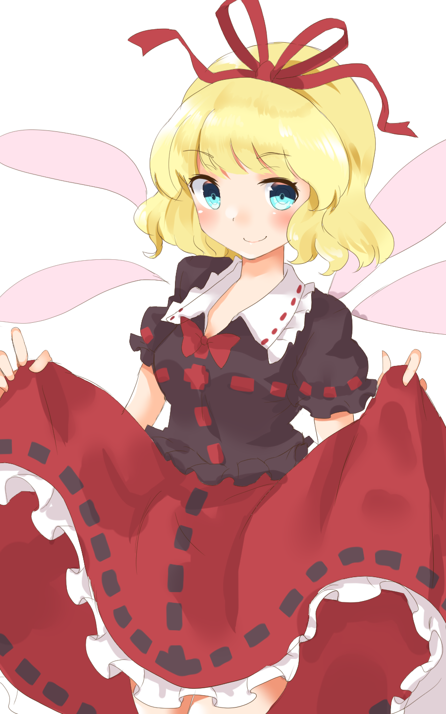 1girl blonde_hair blue_eyes blush breasts bubble_skirt commentary_request frilled_shirt_collar frilled_skirt frills fujiko_(emnprmn) highres huge_bow medicine_melancholy medium_breasts puffy_short_sleeves puffy_sleeves red_ribbon ribbon short_hair short_sleeves simple_background skirt skirt_lift smile solo touhou white_background