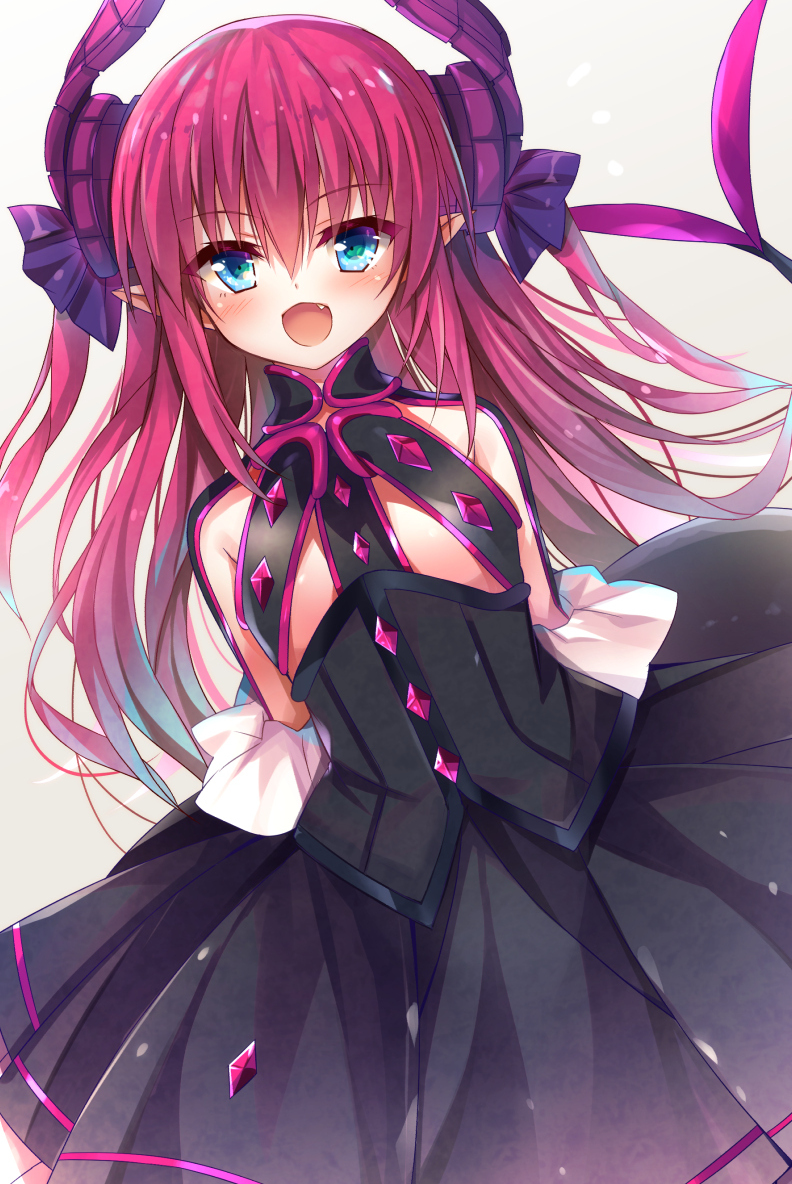 1girl :d arm_cutout arms_behind_back bangs black_skirt blue_eyes blush dragon_horns dragon_tail elizabeth_bathory_(fate) elizabeth_bathory_(fate)_(all) fang fate/grand_order fate_(series) hair_between_eyes horns huei_nazuki long_hair looking_at_viewer open_mouth pointy_ears redhead sidelocks skirt smile solo tail tsurime two_side_up underboob_cutout