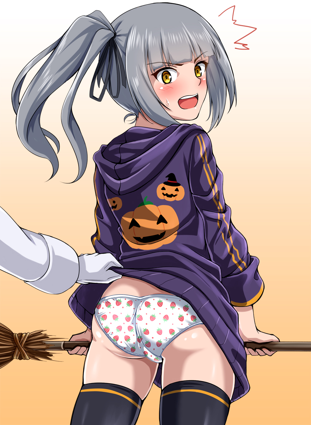 1girl alternate_costume ass black_legwear blush broom eyebrows_visible_through_hair food_print gradient gradient_background grey_hair halloween happy_halloween hat highres hood hood_down jacket kantai_collection kasumi_(kantai_collection) long_hair long_sleeves open_mouth panties pumpkin side_ponytail strawberry_print underwear witch_hat yellow_eyes zanntetu