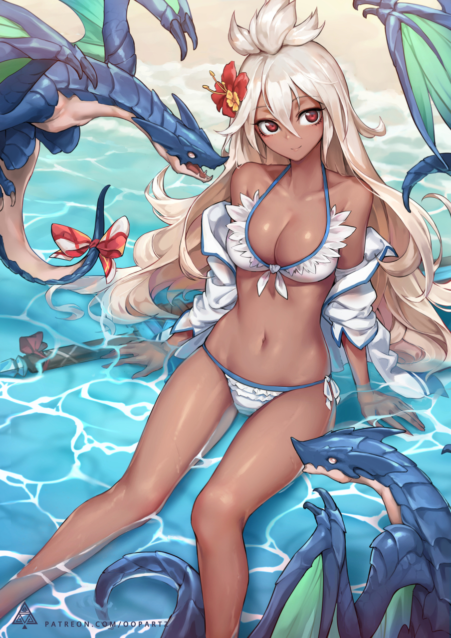 1girl bare_shoulders beach bikini breasts collarbone commentary dark_skin dragon feet_out_of_frame flower gloves granblue_fantasy hair_between_eyes hair_flower hair_ornament head_tilt highres jacket long_hair looking_at_viewer medium_breasts navel off_shoulder oopartz_yang patreon_username red_eyes red_flower sitting smile solo stomach swimsuit very_long_hair water white_bikini white_gloves white_jacket zooey_(granblue_fantasy)