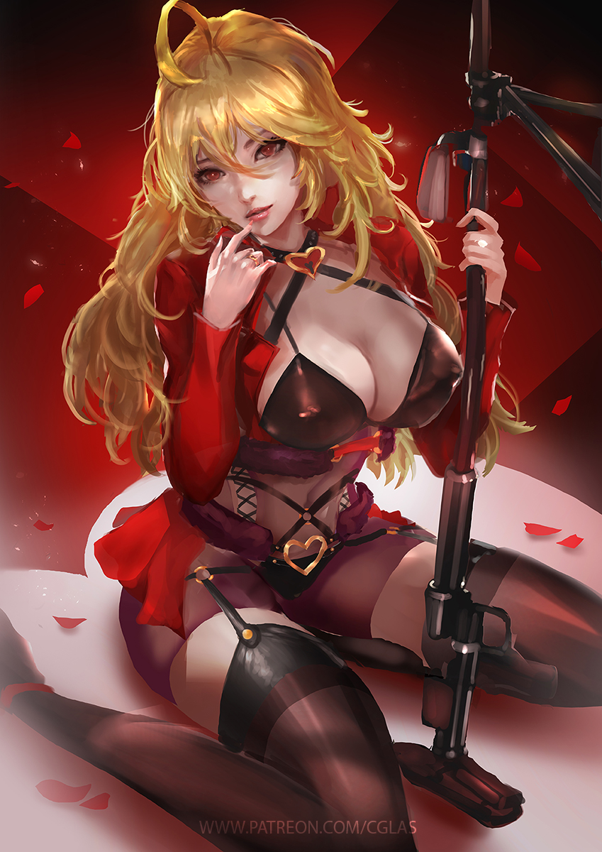 1girl ahoge bangs black_bikini_top blonde_hair bodysuit breasts brown_eyes cglas cleavage covered_navel covered_nipples finger_to_mouth garter_straps girls_frontline gun hair_between_eyes heart heart_necklace highres holding holding_gun holding_weapon jacket jewelry large_breasts long_hair parted_lips ptrd-41_(girls_frontline) red_jacket rifle ring see-through sitting solo thigh-highs wariza weapon