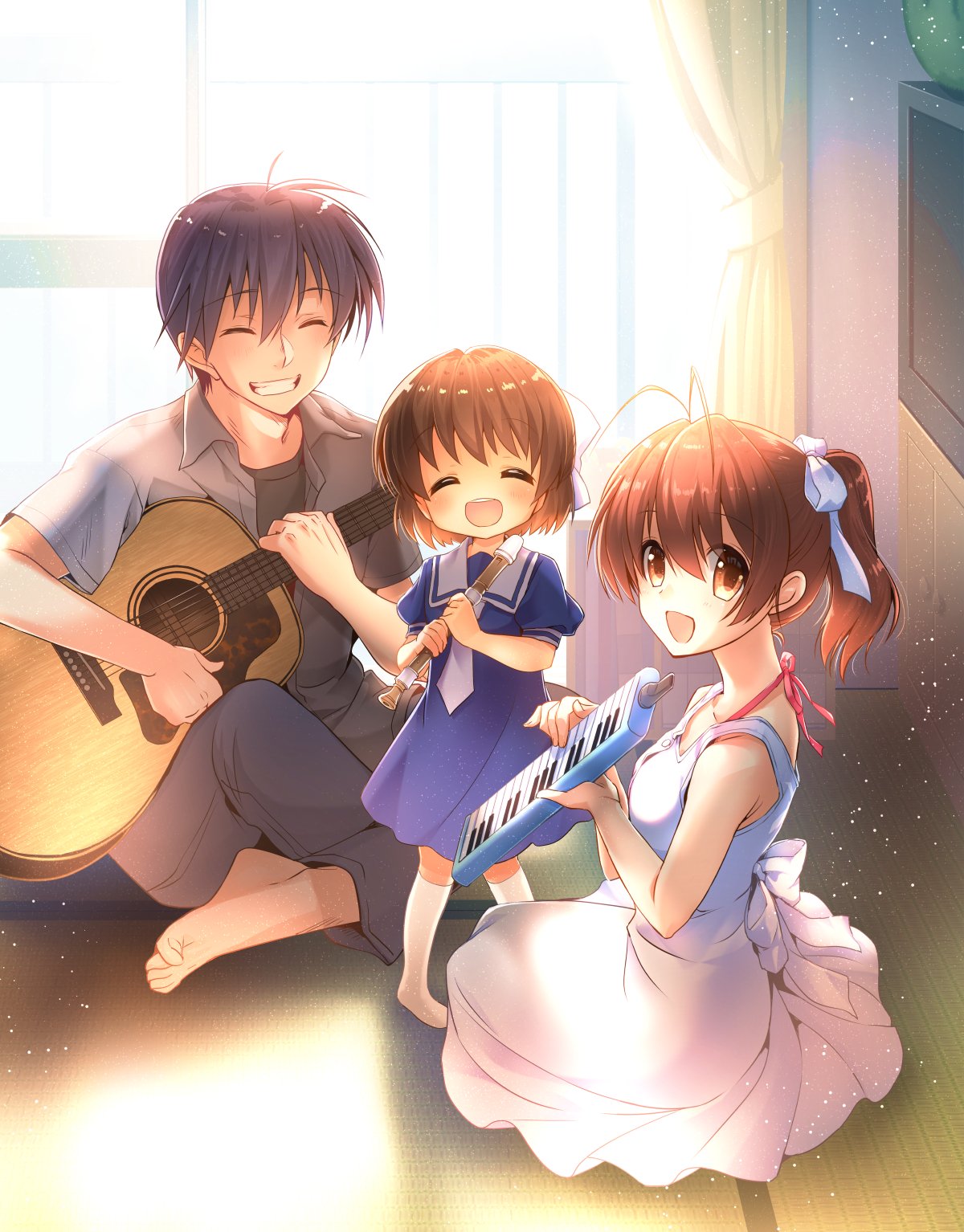 1boy 2girls barefoot blue_dress blue_hair bow brown_eyes brown_hair clannad closed_eyes commentary_request dress family furukawa_nagisa guitar hair_bow highres instrument keyboard_(instrument) melodica multiple_girls okazaki_tomoya okazaki_ushio ponytail recorder remotaro sailor_dress short_hair short_ponytail tatami television white_bow white_dress window