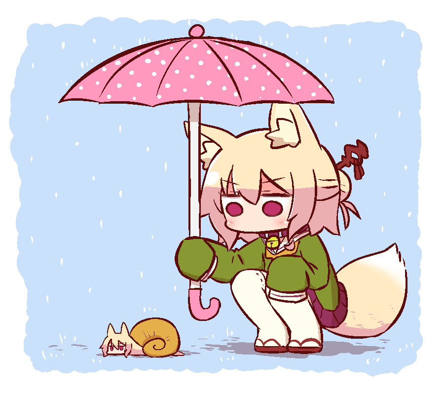 1girl animal_ear_fluff animal_ears animalization bangs bell bell_collar blonde_hair blush brown_collar chibi collar eyebrows_visible_through_hair fox_ears fox_girl fox_tail green_shirt hair_between_eyes hair_bun hair_ornament holding holding_umbrella jingle_bell kemomimi-chan_(naga_u) long_hair long_sleeves looking_away looking_down naga_u original outdoors pink_umbrella pleated_skirt polka_dot polka_dot_umbrella purple_skirt rain red_eyes red_footwear ribbon-trimmed_legwear ribbon_trim shell shirt sidelocks skirt sleeves_past_fingers sleeves_past_wrists snail solo squatting tail thigh-highs umbrella white_legwear zouri