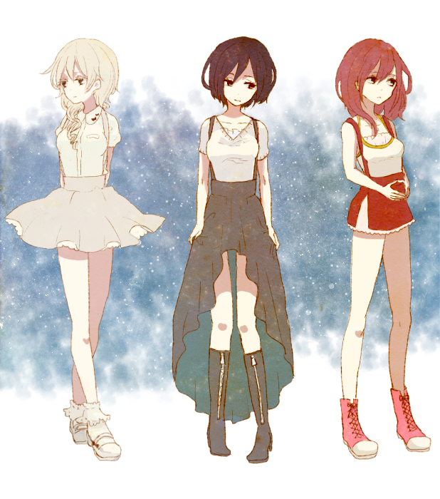 3girls blonde_hair commentary_request dress kingdom_hearts kingdom_hearts_ii long_hair multiple_girls punine short_hair skirt