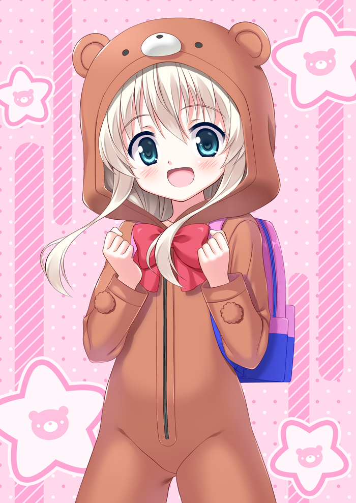 1girl :d animal_costume animal_ears backpack bag bangs bear_costume bear_ears bear_hood blue_eyes blush bow commentary_request cowboy_shot eyebrows_visible_through_hair hair_between_eyes hand_up hinata_keiichi hood hood_up light_brown_hair long_hair long_sleeves open_mouth pink_background polka_dot polka_dot_background red_bow sidelocks smile solo standing takanashi_misha uchi_no_maid_ga_uzasugiru!