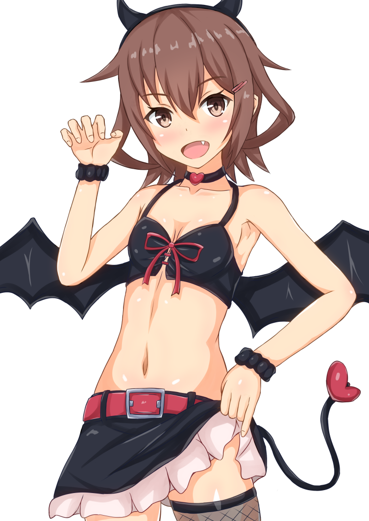alternate_costume bat_wings blush breasts brown_eyes brown_hair eyebrows_visible_through_hair hair_between_eyes hair_ornament hairclip halloween halloween_costume happy_halloween heart ikazuchi_(kantai_collection) kantai_collection linfa_lm looking_at_viewer miniskirt open_mouth ribbon short_hair simple_background skirt small_breasts tail white_background wings
