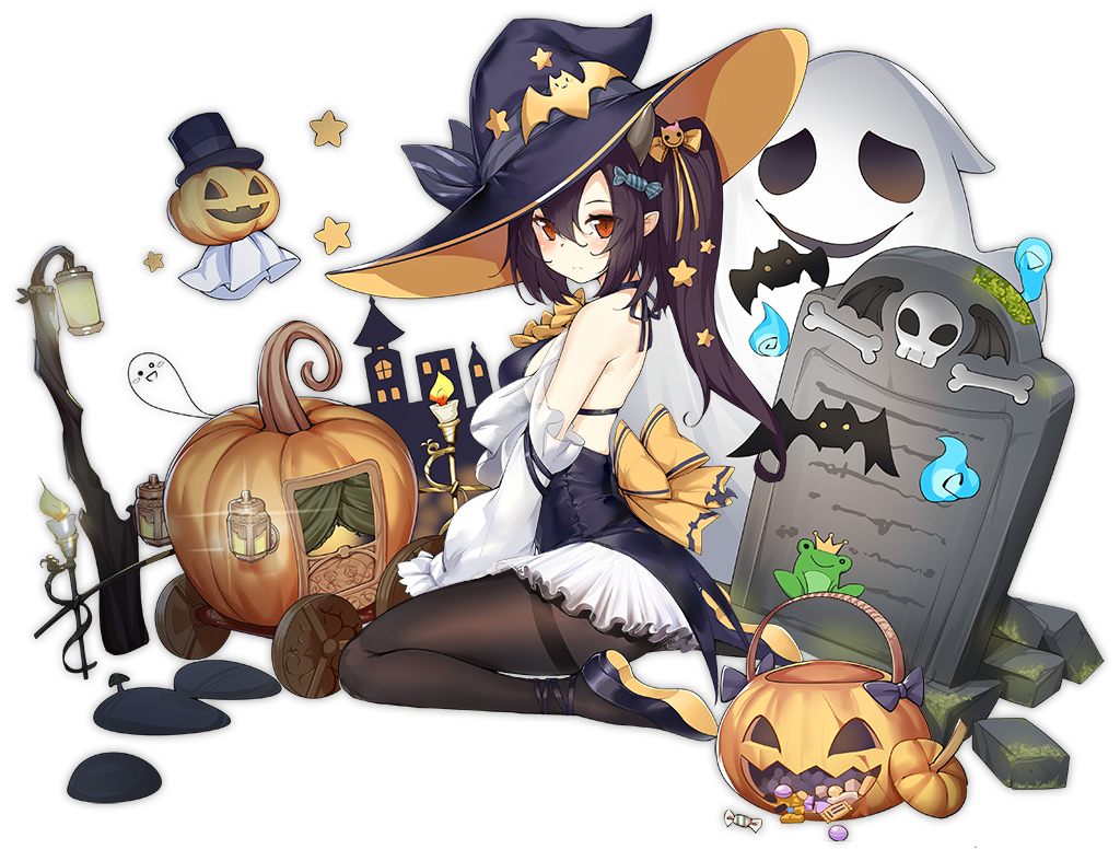 1girl azur_lane black_hair black_hat blush candle cinderella closed_mouth expressionless full_body ghost hat isuzu_(azur_lane) lantern official_art ootsuki_momiji pantyhose ponytail pumpkin red_eyes sitting solo star thigh_strap tombstone transparent_background wariza witch_hat