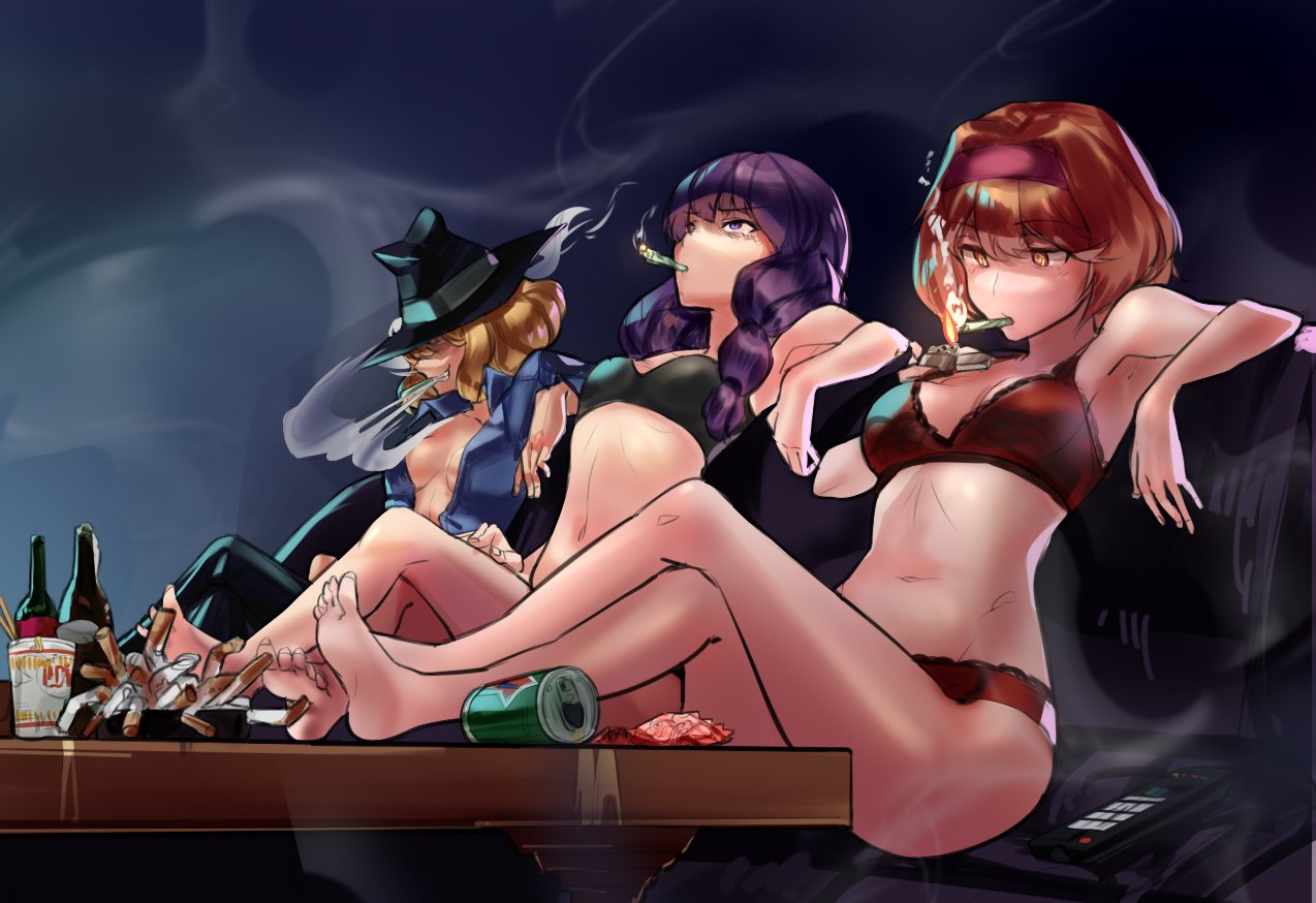 3girls alice_margatroid arm_rest armpits ashtray bare_arms bare_legs bare_shoulders barefoot black_bra black_hat black_pants blonde_hair blue_shirt bottle bra breasts brown_bra brown_eyes brown_panties can chopsticks cigarette collared_shirt commentary_request controller cookie_(touhou) couch feet fire grin hair_over_eyes hairband hat hinase_(cookie) jigen_(cookie) kirisame_marisa lighter long_hair marijuana medium_breasts megafaiarou_(talonflame_810) mouth_hold multiple_girls navel no_bra open_clothes open_shirt panties pants patchouli_knowledge purple_hair ramen red_hairband remote_control shirt sitting smile smoke smoking spill taisa_(cookie) teeth touhou trash underwear underwear_only violet_eyes wing_collar