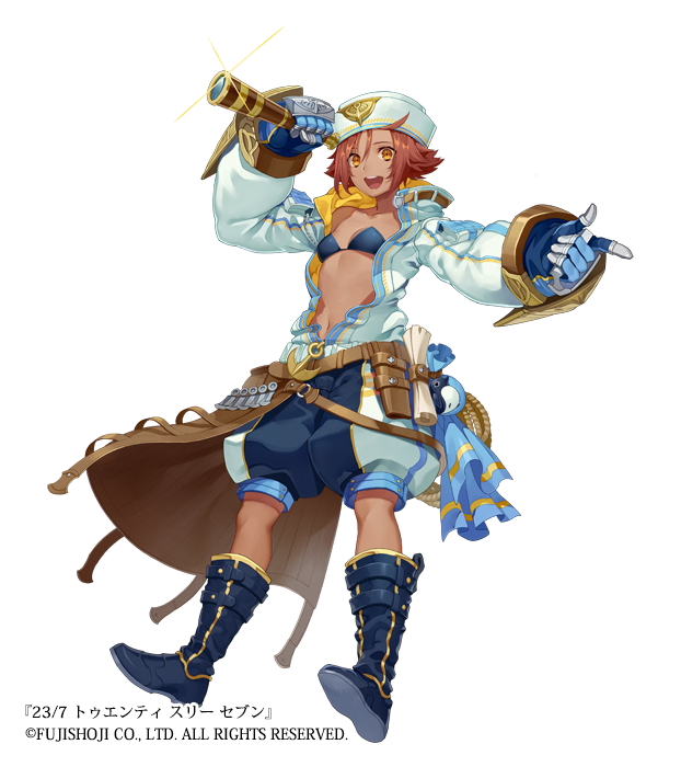 1girl 23/7 :d baggy_shorts belt_pouch black_footwear blue_bra bra breasts brown_eyes brown_hair dark full_body glint gloves hat navel official_art open_clothes open_mouth pointing pouch scroll short_hair small_breasts smile solo spyglass standing underwear white_hat yuzu_shio