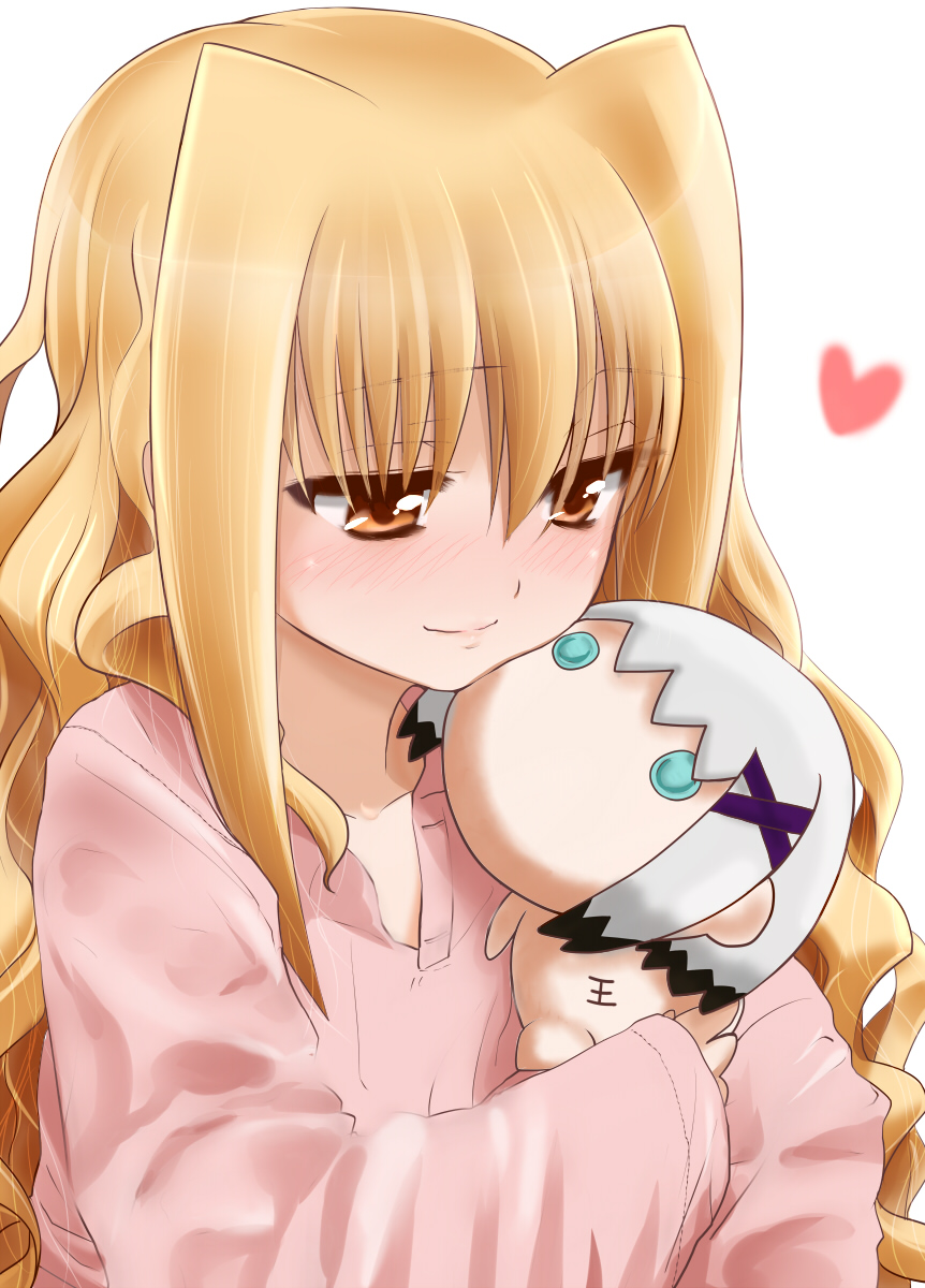 1girl bangs blonde_hair blush character_doll closed_mouth commentary_request doll eyebrows_visible_through_hair half-closed_eyes heart highres holding holding_doll kohinore lips long_hair lyrical_nanoha mahou_shoujo_lyrical_nanoha mahou_shoujo_lyrical_nanoha_a's mahou_shoujo_lyrical_nanoha_a's_portable:_the_gears_of_destiny material-d pajamas pink_shirt shirt smile solo u-d upper_body white_background yellow_eyes