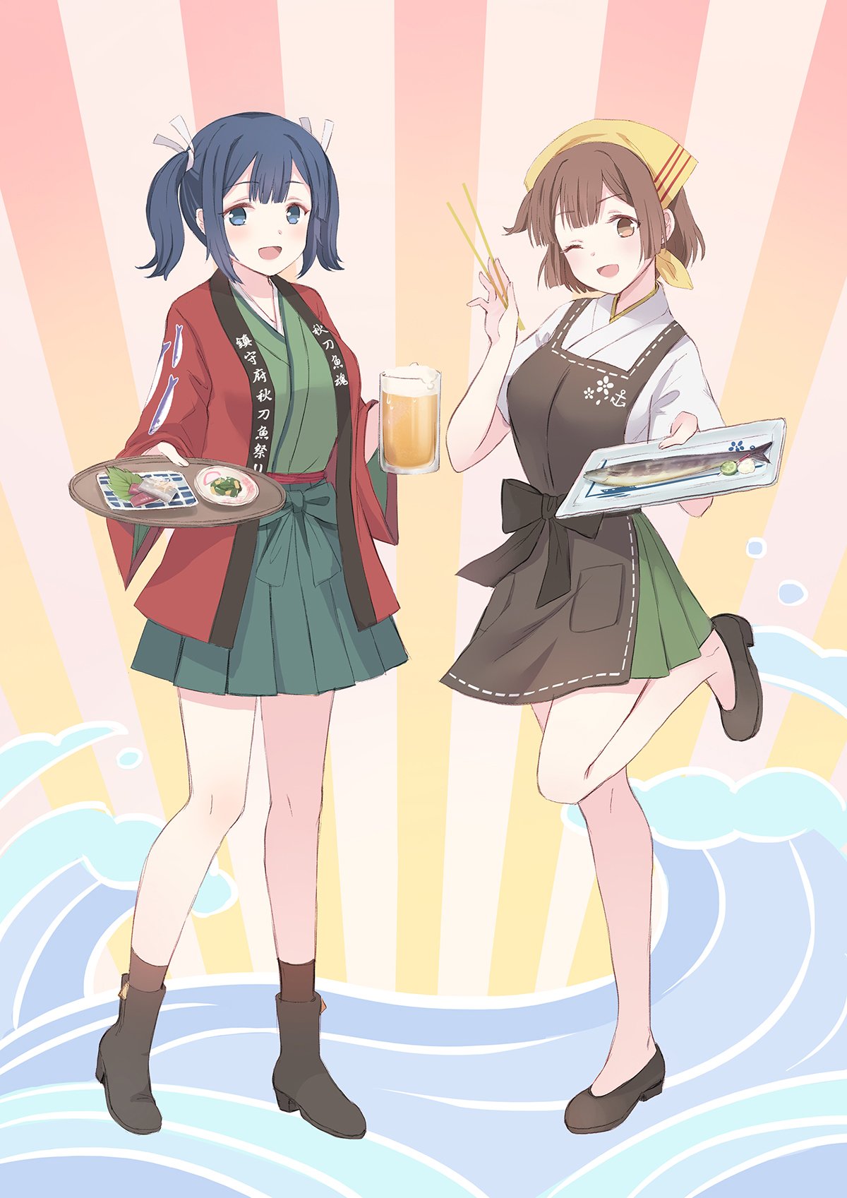 2girls alcohol apron bangs beer beer_mug blue_eyes blue_hair blush boots breasts brown_eyes brown_hair chopsticks commentary_request cup emia_wang eyebrows_visible_through_hair fish food full_body hair_between_eyes hair_ribbon headband highres hiryuu_(kantai_collection) holding holding_cup japanese_clothes kantai_collection leg_up long_sleeves looking_at_viewer medium_breasts multiple_girls one_eye_closed open_mouth ribbon saury shoes short_hair side_ponytail skirt smile souryuu_(kantai_collection) standing twintails water waves