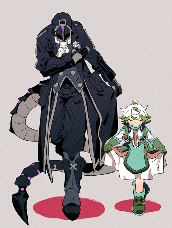 1boy 1girl black_coat black_gloves blush bondrewd boots collared_coat curtsey full_body gloves green_hair heart helmet made_in_abyss multicolored_hair neckerchief prushka saiko67 smile standing tail white_hair