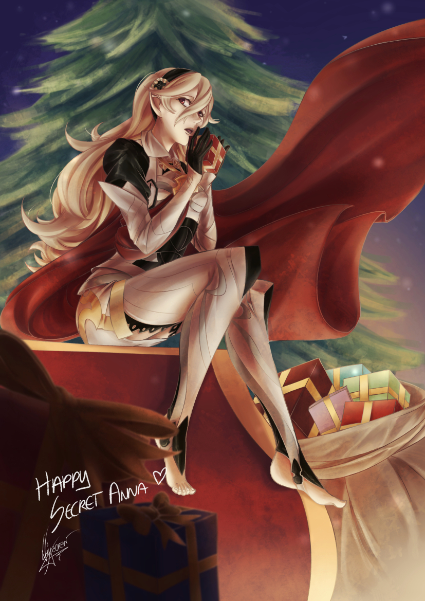 1girl armor barefoot black_gloves black_hairband blonde_hair box christmas christmas_tree female_my_unit_(fire_emblem_if) fire_emblem fire_emblem_if floating_hair from_below full_body gift gift_bag gift_box gloves hair_between_eyes hairband holding_bow long_hair looking_to_the_side my_unit_(fire_emblem_if) nintendo open_mouth red_eyes sitting solo very_long_hair visyaoran