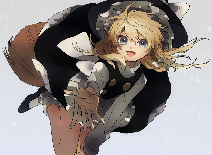 1girl apron black_footwear blonde_hair blue_eyes bow broom broom_riding dress gradient gradient_background grey_background hair_ribbon hat hat_bow ka_(marukogedago) kirisame_marisa long_hair looking_at_viewer open_mouth outstretched_hand ribbon shoes simple_background smile socks solo touhou tress_ribbon turtleneck witch_hat