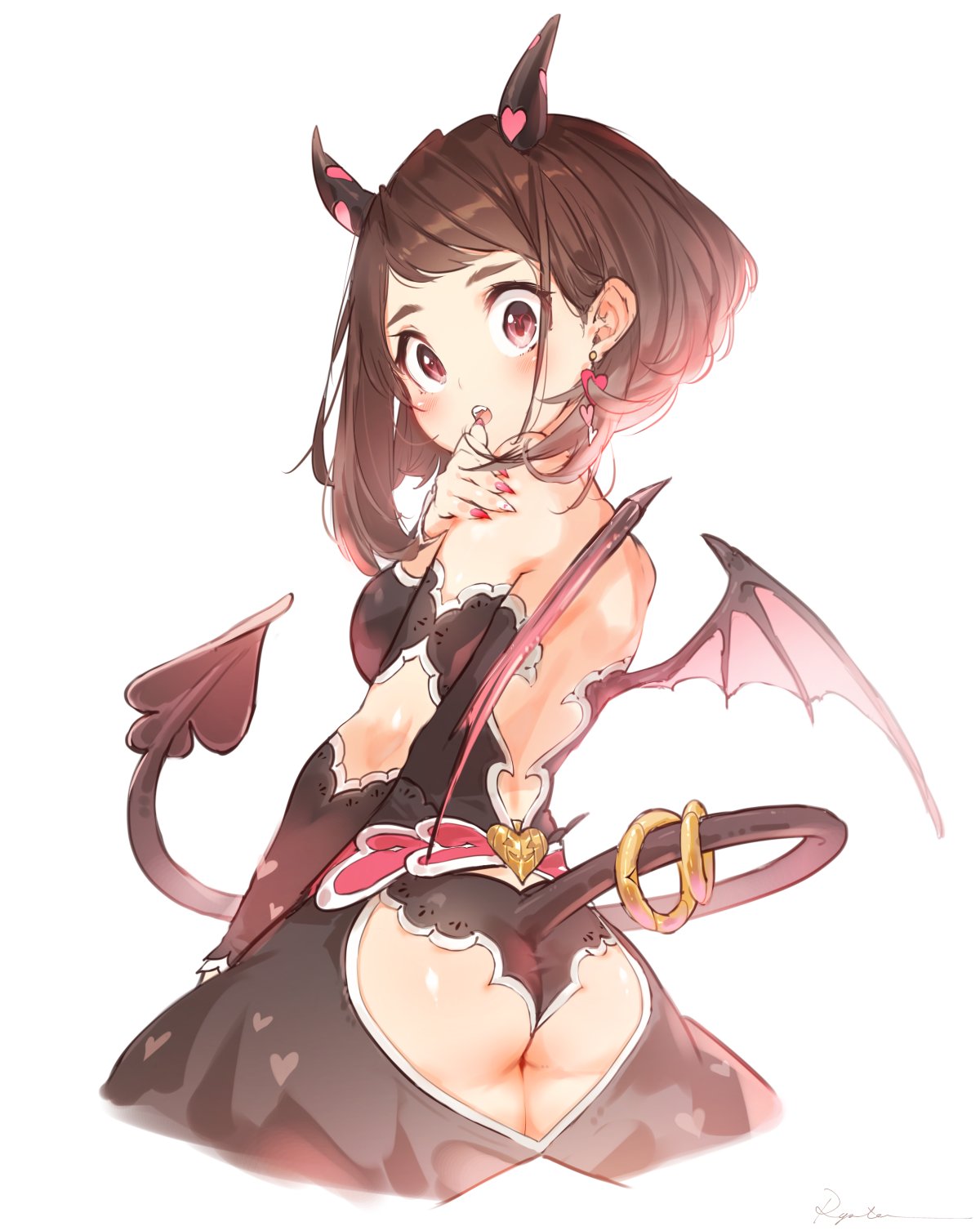 1girl :o ass ass_cutout backless_dress backless_outfit bangs bare_shoulders bat_wings black_dress black_wings blush boku_no_hero_academia breasts brown_eyes brown_hair demon_horns demon_tail detached_sleeves dress earrings fingernails from_behind halloween_costume hand_on_own_shoulder head_tilt heart heart-shaped_pupils heart_earrings heart_print highres horns jewelry looking_at_viewer looking_back medium_breasts medium_hair nail_polish print_dress red_nails ryota_(ry_o_ta) sharp_fingernails shiny shiny_hair shiny_skin sidelocks signature simple_background solo standing strapless strapless_dress swept_bangs symbol-shaped_pupils tail tail_ring uraraka_ochako white_background wings