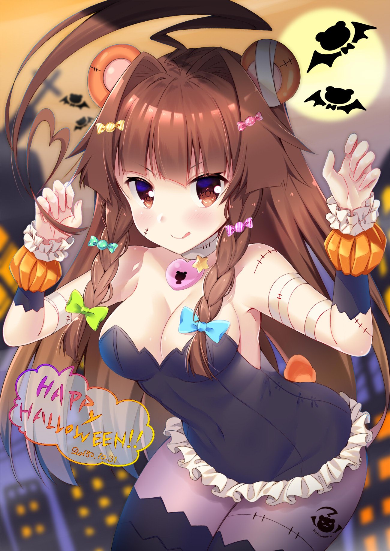 ahoge animal_ears animal_print bandage bare_shoulders bat_print bear_ears bear_print bear_tail blue_ribbon blurry blurry_background braid breasts brown_eyes brown_hair building candy candy_hair_ornament cleavage closed_mouth commentary dated food food_themed_hair_ornament green_ribbon hair_ornament hair_ribbon halloween happy_halloween heart highres huge_ahoge kantai_collection ko_yu kuma_(kantai_collection) leotard long_hair looking_at_viewer moon ribbon star tail thigh-highs tongue tongue_out
