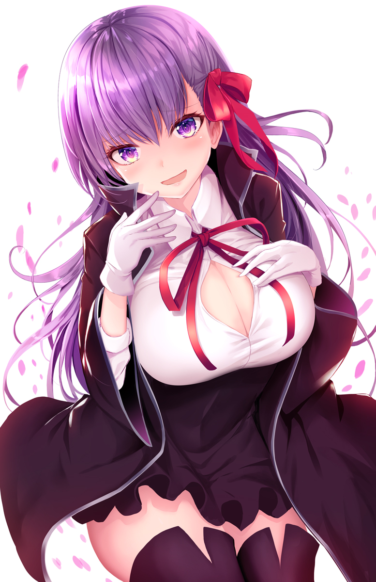 1girl bb_(fate)_(all) bb_(fate/extra_ccc) black_jacket black_legwear black_skirt breasts fate/extra fate/extra_ccc fate_(series) gloves haruka_natsuki high-waist_skirt highres jacket large_breasts long_hair long_sleeves looking_at_viewer neck_ribbon open_clothes open_mouth open_shirt purple_hair red_ribbon ribbon shirt simple_background skirt solo thigh-highs very_long_hair violet_eyes white_background white_gloves white_shirt