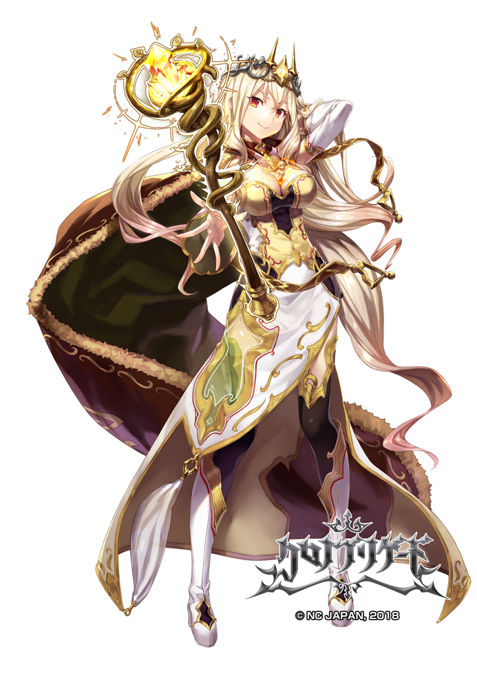 1girl black_legwear blonde_hair boots breasts brown_cape cleavage company_name copyright_request crown detached_sleeves full_body gabiran hand_up large_breasts long_hair red_eyes smile solo standing thigh-highs very_long_hair wand watermark white_background white_footwear