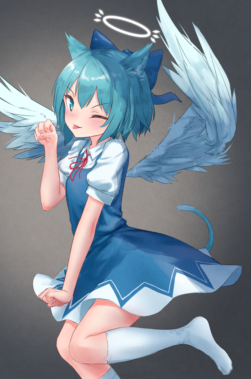 1girl :p angel_wings animal_ears bangs blue_bow blue_dress blue_eyes blue_hair bow breasts cat_ears cat_tail cirno clenched_hand commentary_request dress eyebrows_visible_through_hair feet_out_of_frame grey_background hair_between_eyes hair_bow halo hand_up highres kemonomimi_mode leg_up looking_at_viewer neck_ribbon no_shoes one_eye_closed paw_pose pinafore_dress puffy_short_sleeves puffy_sleeves red_neckwear red_ribbon ribbon roke_(taikodon) shirt short_hair short_sleeves small_breasts smile solo tail thighs tongue tongue_out touhou white_shirt wings