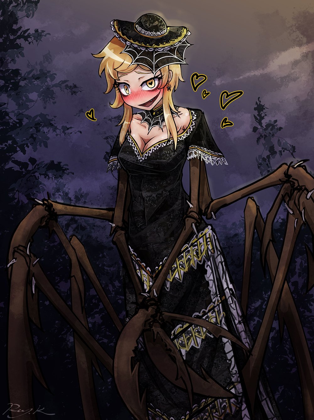 1girl alternate_costume black_choker black_dress black_hat blonde_hair blush bug choker claws cliffside commentary_request cordie_(cliffside) dress earrings extra_arms hat heart heart-shaped_pupils highres insect_girl jewelry lace lace-trimmed_dress lace_trim looking_at_viewer monster_girl multiple_legs open_mouth pincers ray-k sharp_teeth short_sleeves silk smile solo spider spider_girl spider_web symbol-shaped_pupils teeth tree twilight