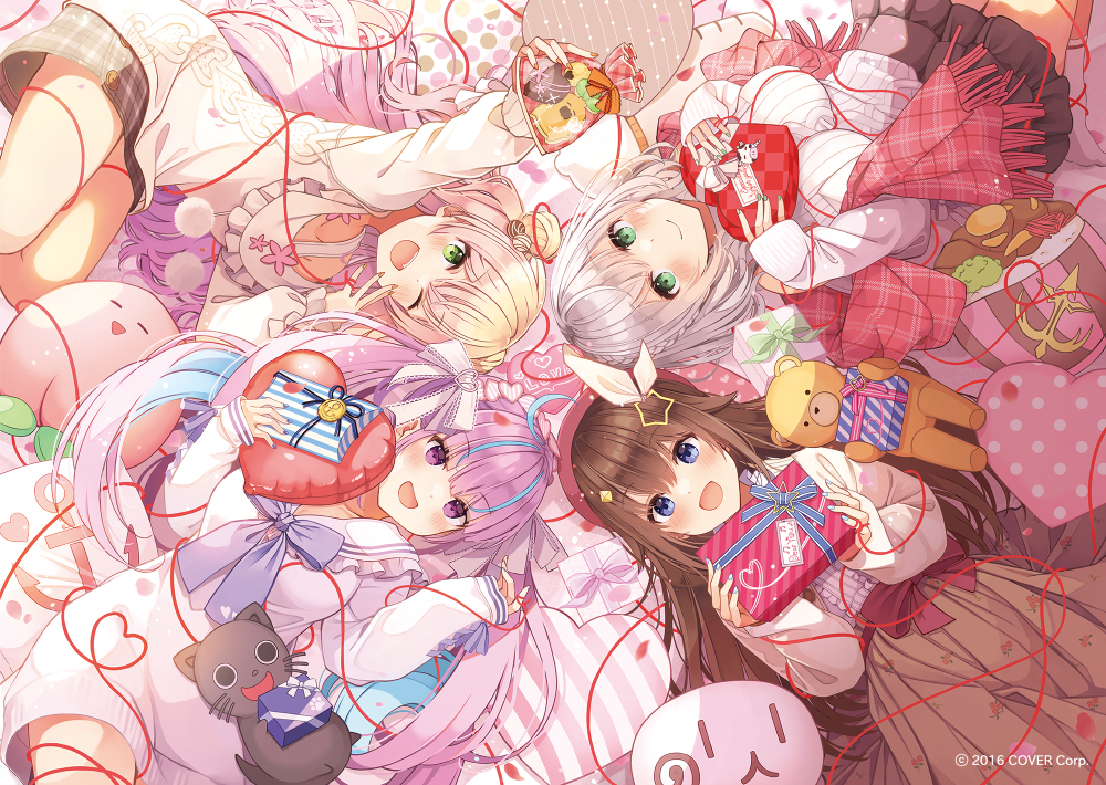 4girls :d ;d ankimo_(tokino_sora) aran_sweater bangs blonde_hair blue_eyes blue_hair blush box breasts brown_hair brown_skirt center_frills closed_mouth commentary_request dress eyebrows_visible_through_hair feet_out_of_frame frilled_sailor_collar frills fringe_trim gift gift_box green_eyes grey_hair hair_between_eyes heart-shaped_box holding holding_gift hololive jacket large_breasts long_hair long_sleeves lying minato_aqua momosuzu_nene multicolored_hair multiple_girls neko_(minato_aqua) niichi_(komorebi-palette) official_art on_back one_eye_closed open_clothes open_jacket outstretched_arm pink_scarf plaid plaid_scarf plaid_skirt pleated_skirt purple_hair ribbed_sweater sailor_collar sailor_dress scarf shirogane_noel shirt skirt sleeves_past_wrists smile streaked_hair stuffed_animal stuffed_toy sweater teddy_bear tokino_sora twintails two-tone_hair very_long_hair violet_eyes virtual_youtuber white_dress white_jacket white_sailor_collar white_shirt white_sweater