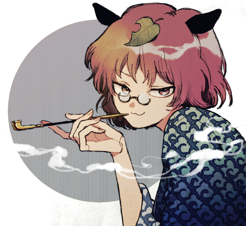 1girl :3 animal_ears brown_eyes brown_hair futatsuiwa_mamizou glasses grey_background ka_(marukogedago) leaf leaf_on_head looking_at_viewer pipe raccoon_ears robe short_hair simple_background smirk smoke solo touhou two-tone_background upper_body white_background