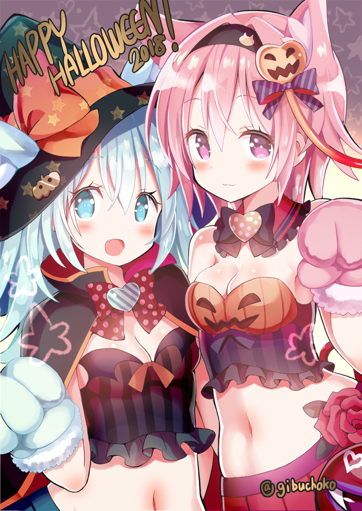 2018 2girls animal_ears aqua_eyes aqua_hair artist_name bare_shoulders black_hairband blush bow bowtie breasts cape cat_ears commentary_request detached_collar eyebrows_visible_through_hair flower frills givuchoko gloves hair_intakes hairband halloween hand_up happy_halloween hat hat_bow hat_ribbon headband heart jack-o'-lantern kemonomimi_mode komeiji_koishi komeiji_satori looking_at_viewer midriff multiple_girls navel paw_gloves paw_pose paws pink_eyes pink_hair polka_dot ribbon rose siblings side-by-side sisters skirt small_breasts smile star star_print striped touhou witch_hat