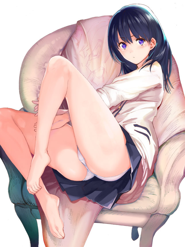 1girl armchair bangs bare_legs barefoot black_hair black_skirt blush cardigan chair closed_mouth eyebrows_visible_through_hair knees_up legs looking_at_viewer metallican panties pantyshot pleated_skirt school_uniform simple_background sitting skirt solo ssss.gridman takarada_rikka thighs underwear violet_eyes white_background white_panties