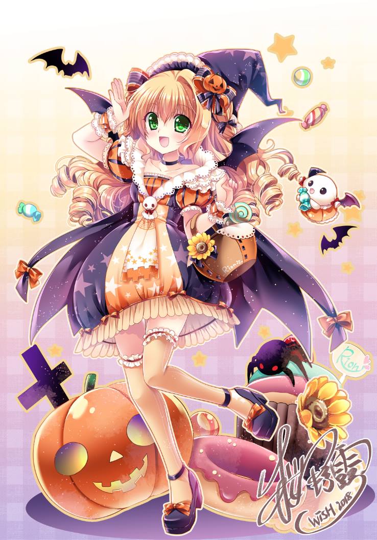 1girl bangs basket bat bat_wings black_cape blonde_hair blush bug candy cape collarbone commentary cross doughnut dress drill_hair eyebrows_visible_through_hair food green_eyes hair_between_eyes hair_ornament halloween hand_up hat leg_up looking_at_viewer open_mouth original pumpkin pumps sakurano_tsuyu signature smile solo spider star thigh-highs wings witch_hat wrist_cuffs zettai_ryouiki