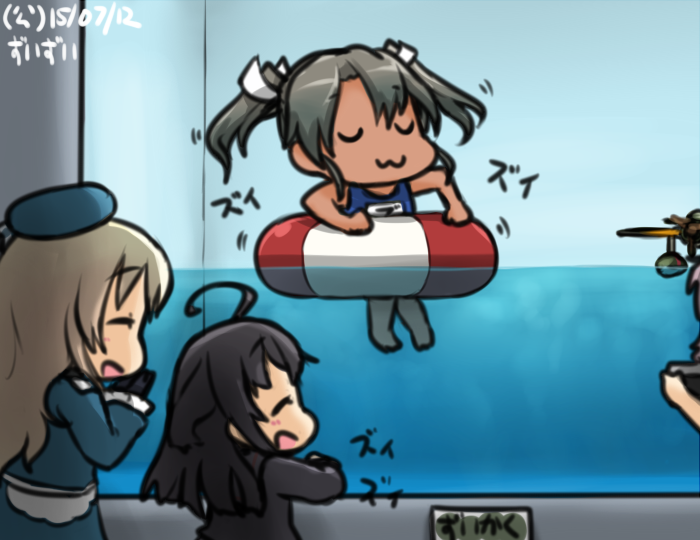 3girls :3 afloat aoba_(kantai_collection) atago_(kantai_collection) camera closed_eyes commentary_request dancing e16a_zuiun hamu_koutarou happy innertube kantai_collection mikazuki_(kantai_collection) multiple_girls tan translated uwu water zui_zui_dance zuikaku_(kantai_collection)