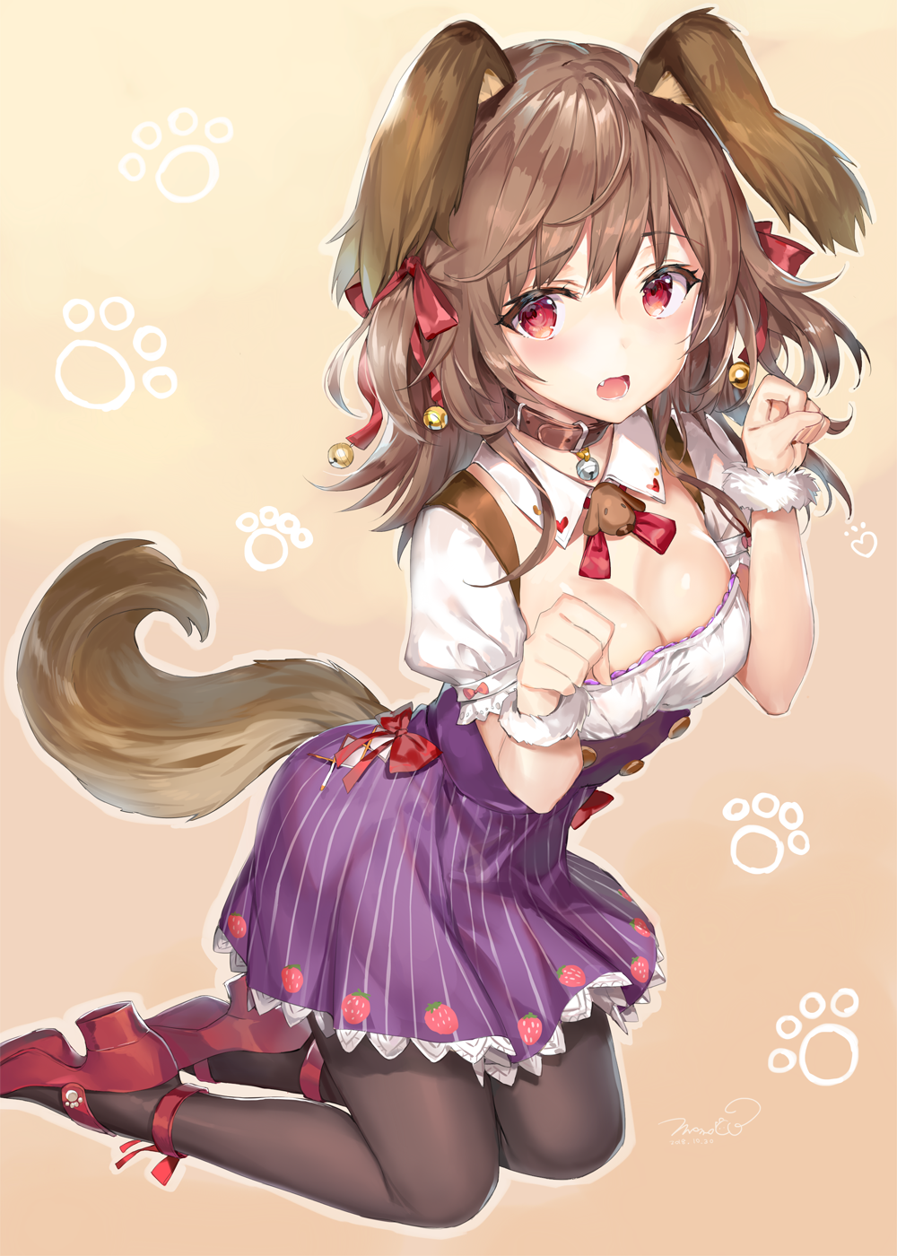 1girl :o animal_ears bangs bell black_legwear bow breasts brown_background brown_hair buttons cleavage collar commentary_request dated detached_collar dog_ears dog_tail dress eyebrows_visible_through_hair fang food_print full_body gradient gradient_background hair_ribbon hands_up high_heels highres jingle_bell kneeling leaning_forward long_hair looking_at_viewer medium_breasts momoko_(momopoco) neck_ribbon original pantyhose paw_background paw_pose puffy_short_sleeves puffy_sleeves purple_dress red_bow red_eyes red_footwear red_neckwear red_ribbon ribbon short_sleeves signature simple_background solo strawberry_print striped tail underbust vertical_stripes wristband